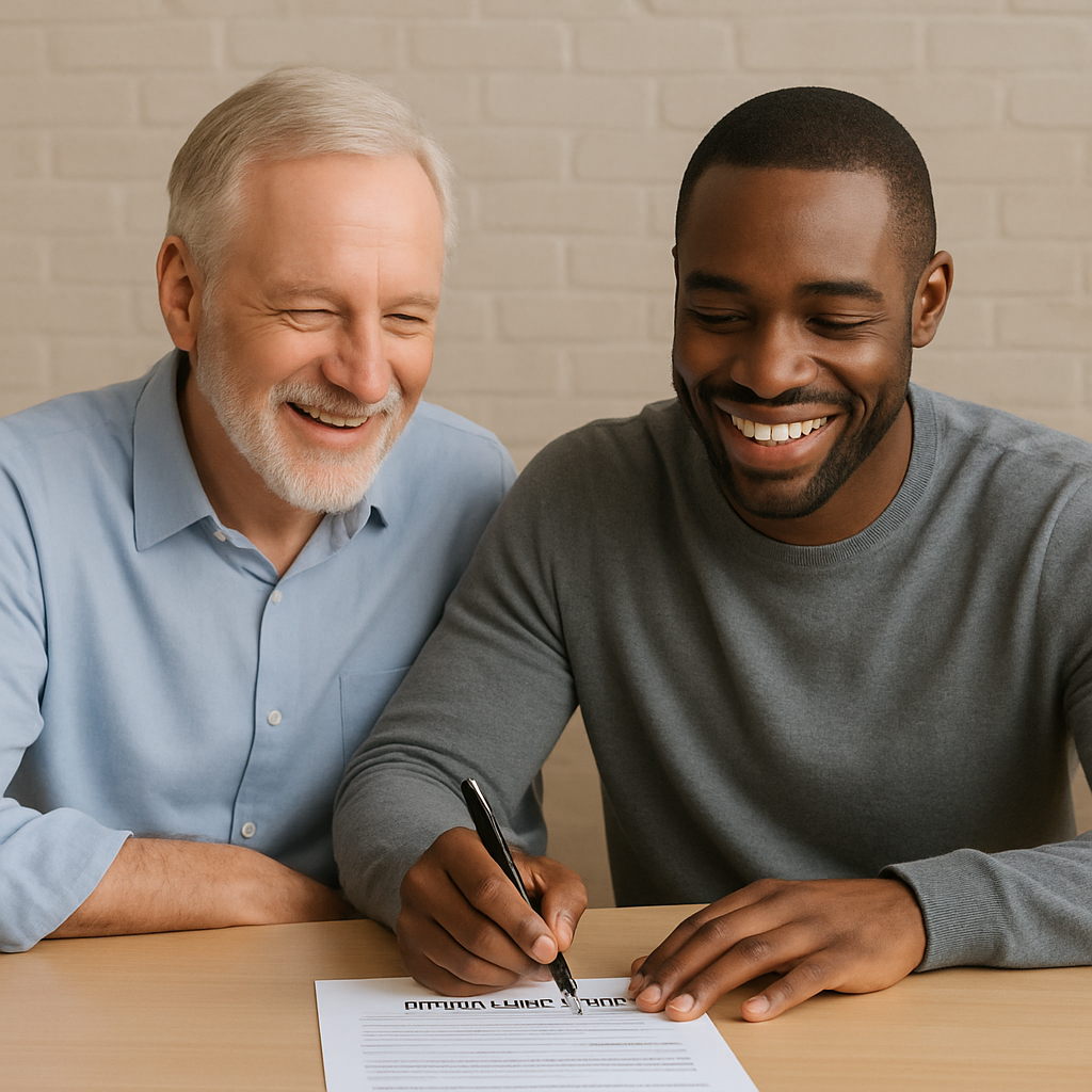 Two adult men a 57yearold white man and a year 37yearold black man are at a table The black man holds a pen and is signing a rental agreement They bot