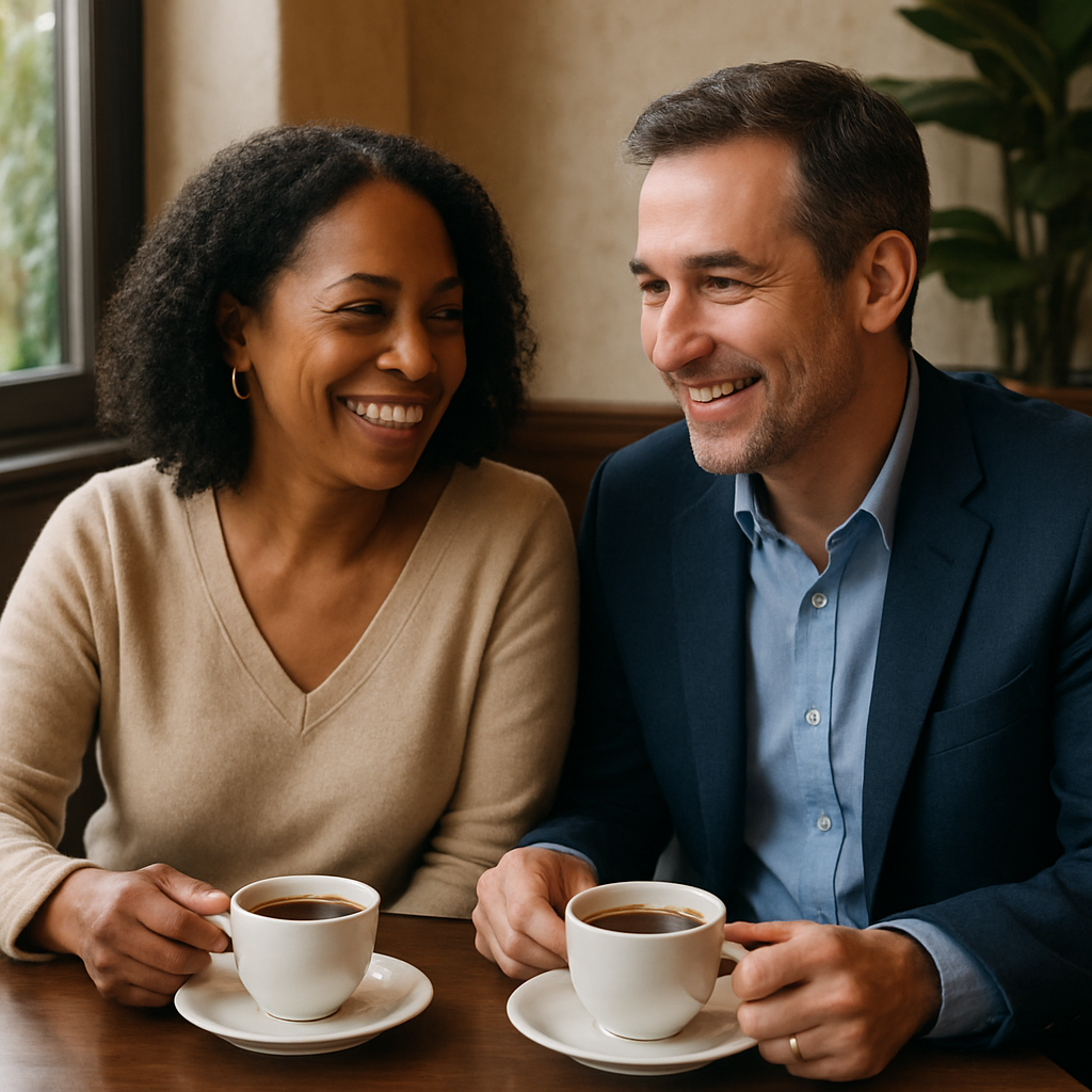 upper middle class interracial couple in their mid 40s sitting at a nice table having coffee